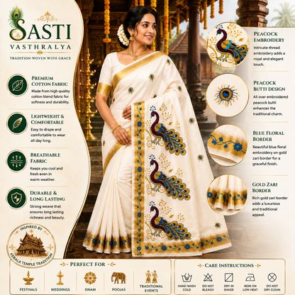 Sasti Vasthralya Premium Off-White Kerala Kasavu Saree with Rich Royal Blue Peacock Placement Embroidery and Borders for Onam