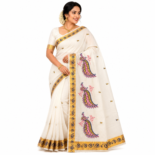 Sasti Vasthralya Off-White Kerala Kasavu Saree with Pink Purple and Navy Blue Peacock Art and Navy Wave Woven Borders for Onam