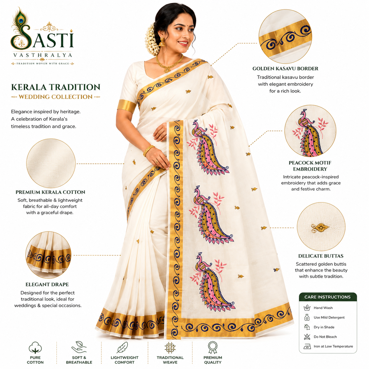 Sasti Vasthralya Off-White Kerala Kasavu Saree with Pink Purple and Navy Blue Peacock Art and Navy Wave Woven Borders for Onam