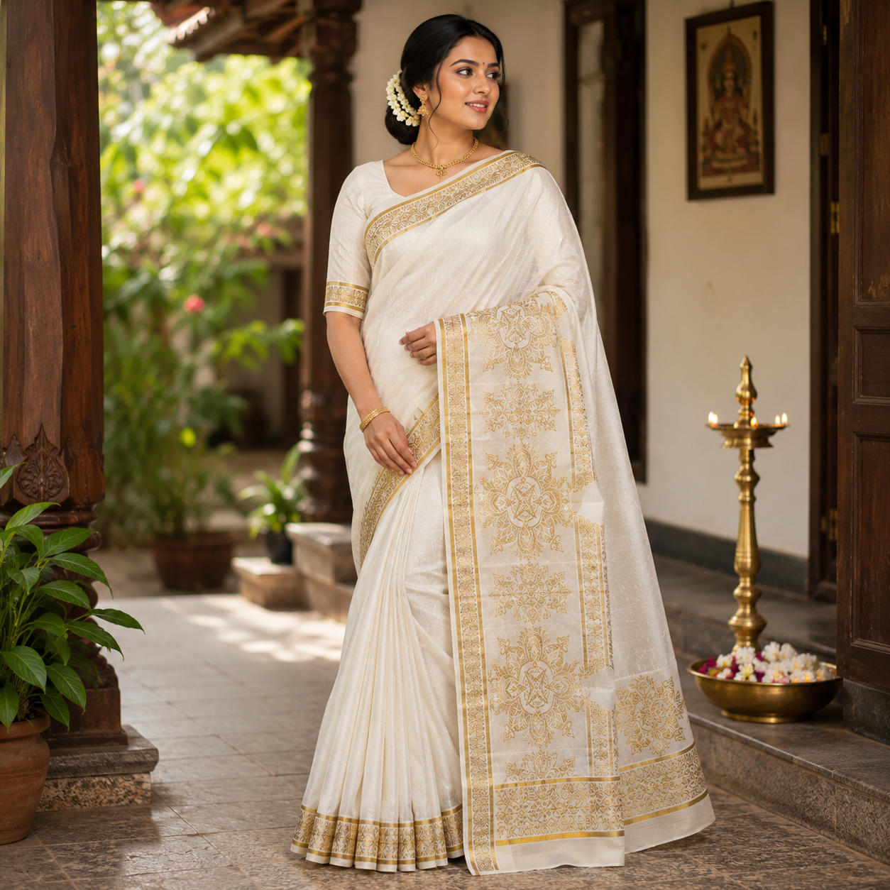 Sasti Vasthralya Premium Off-White Kerala Kasavu Saree with Rich Woven Gold Pallu Work for Onam