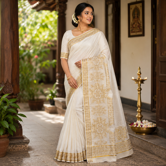 Sasti Vasthralya Premium Off-White Kerala Kasavu Saree with Rich Woven Gold Pallu Work for Onam