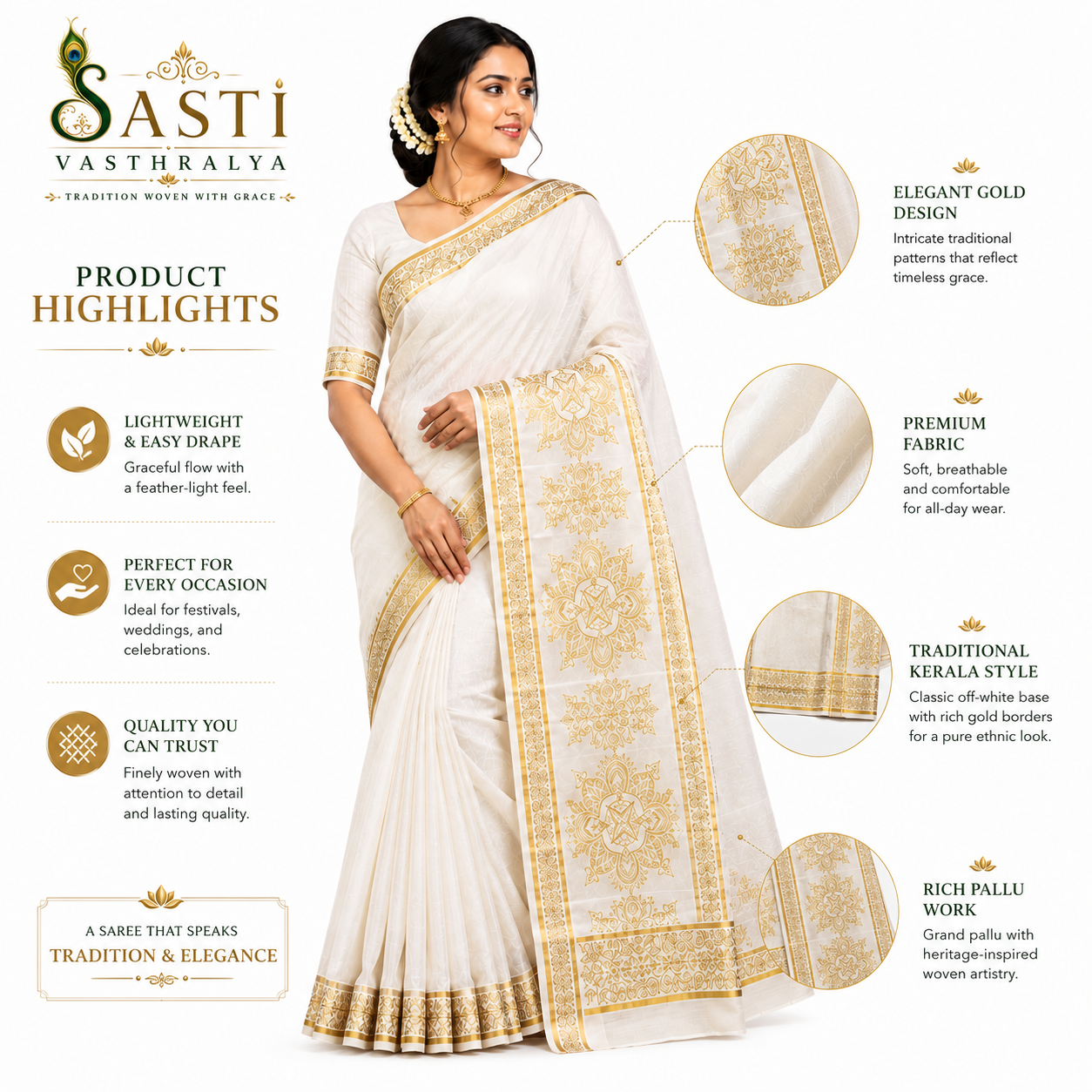 Sasti Vasthralya Premium Off-White Kerala Kasavu Saree with Rich Woven Gold Pallu Work for Onam