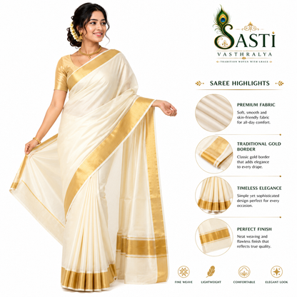 Sasti Vasthralya Plain Sandal Kerala Kasavu Saree with Golden Zari Border for Onam