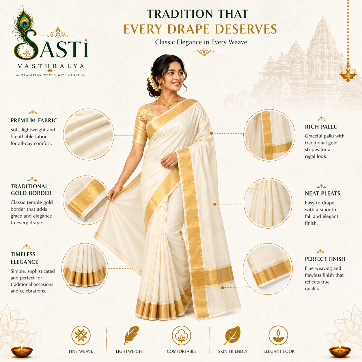 Sasti Vasthralya Plain Sandal Kerala Kasavu Saree with Golden Zari Border for Onam