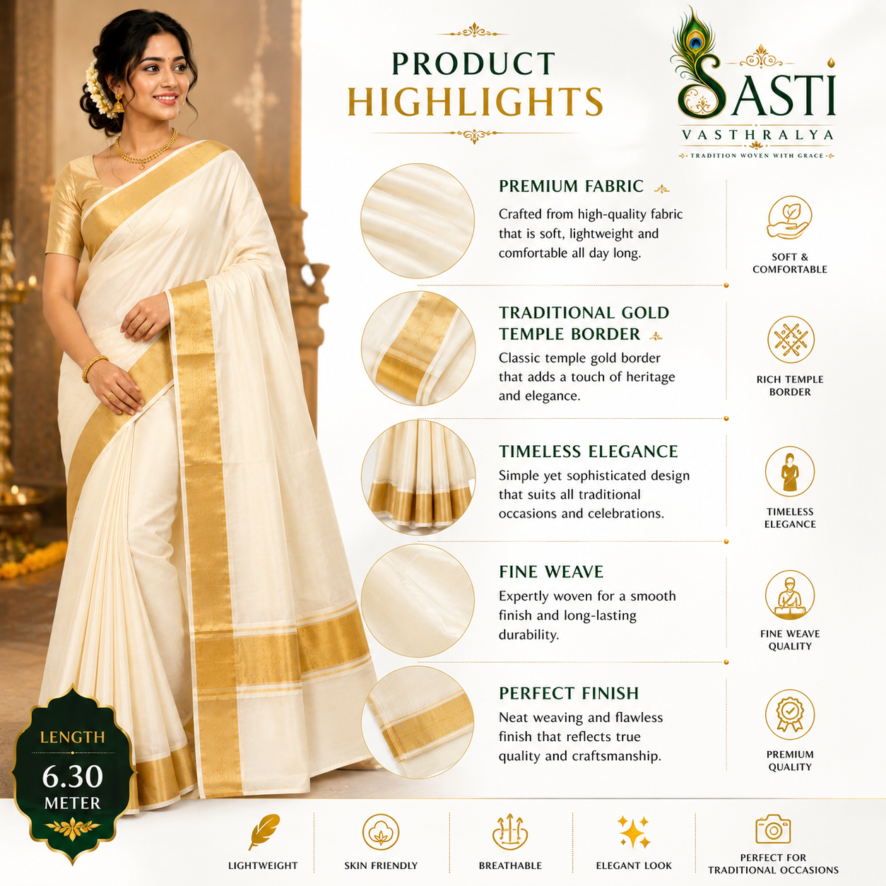 Sasti Vasthralya Plain Sandal Kerala Kasavu Saree with Golden Zari Border for Onam