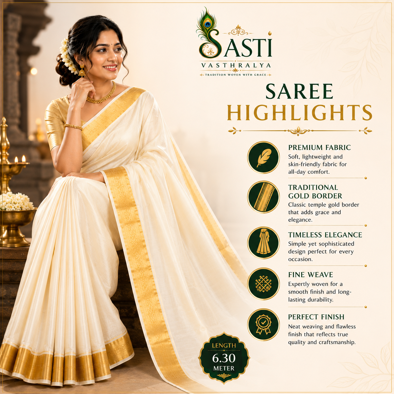 Sasti Vasthralya Plain Sandal Kerala Kasavu Saree with Golden Zari Border for Onam
