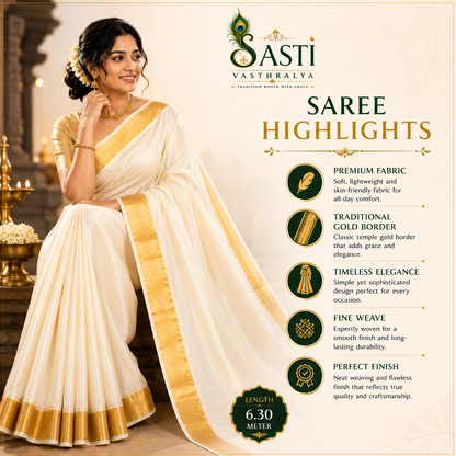 Sasti Vasthralya Plain Sandal Kerala Kasavu Saree with Golden Zari Border for Onam