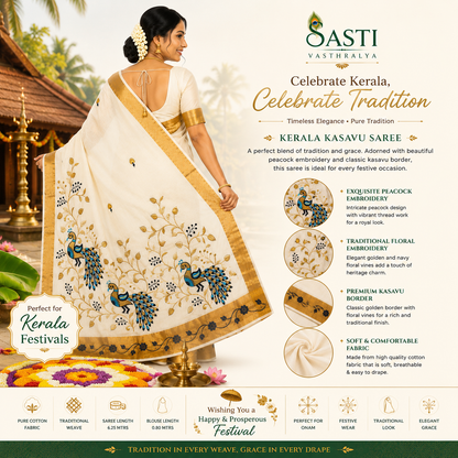 Traditional Kerala Kasavu Saree with Peacock design