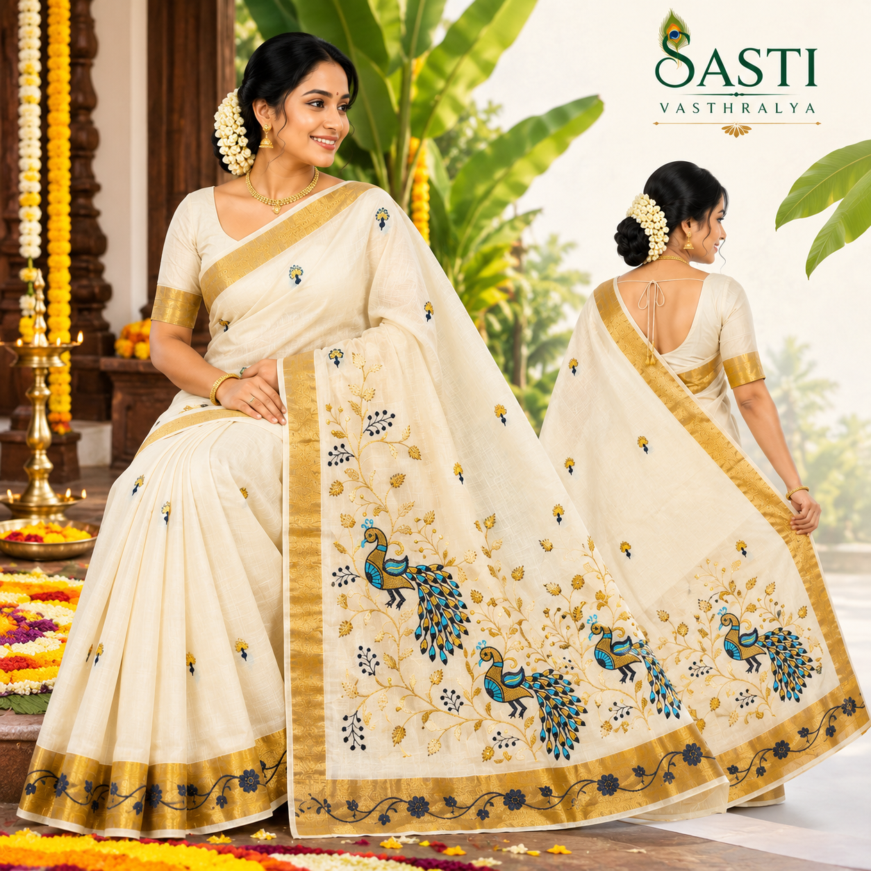 Traditional Kerala Kasavu Saree with Peacock design