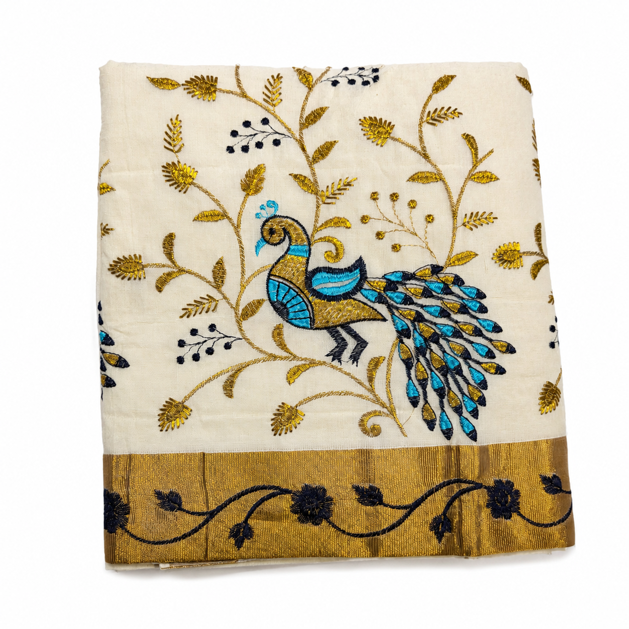 Traditional Kerala Kasavu Saree with Peacock design