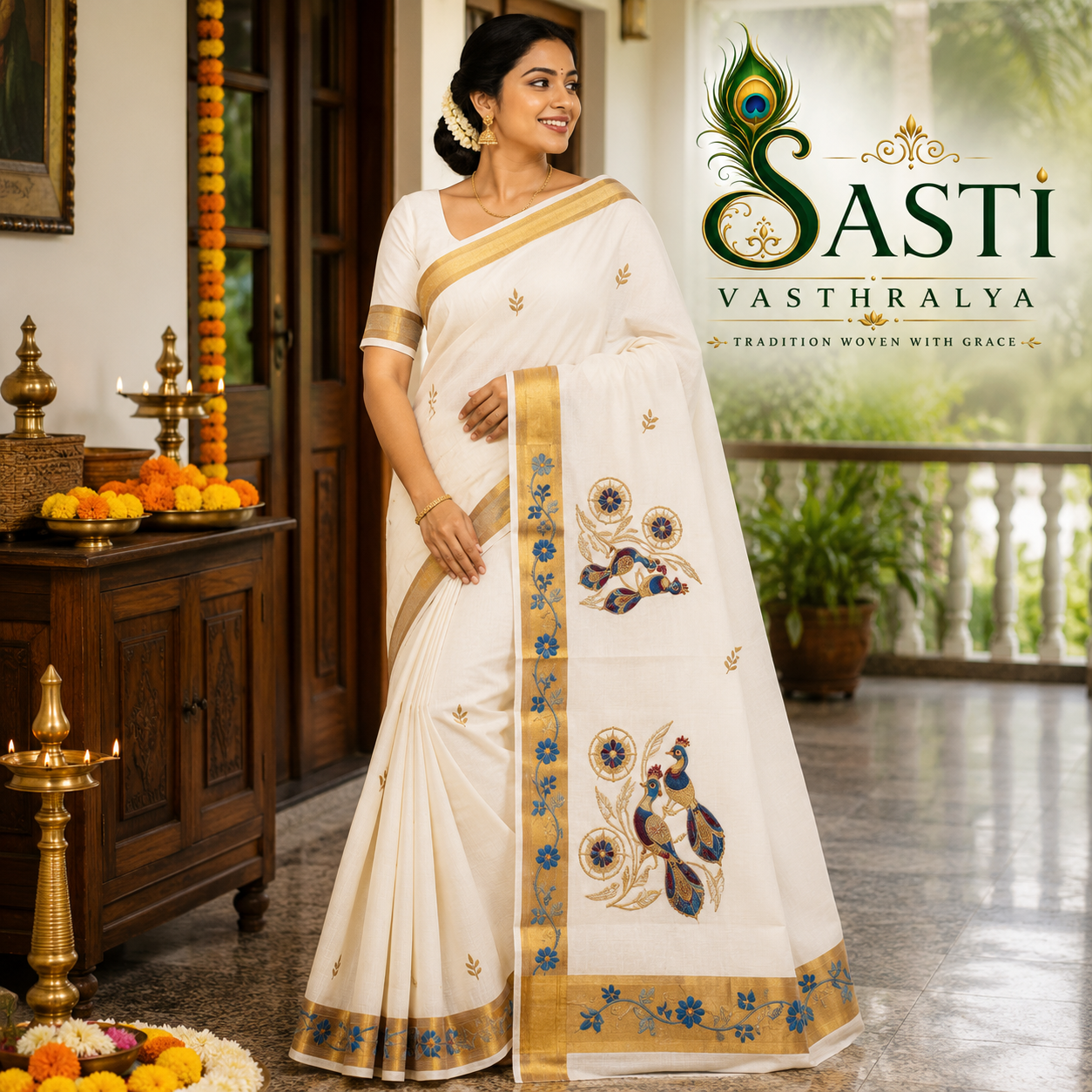 Sasti Vasthralya Off-White Kerala Kasavu Saree with Royal Blue and Maroon Peacock Mural Woven Pallu for Onam