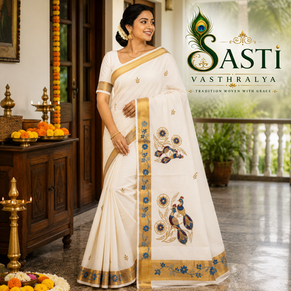 Sasti Vasthralya Off-White Kerala Kasavu Saree with Royal Blue and Maroon Peacock Mural Woven Pallu for Onam