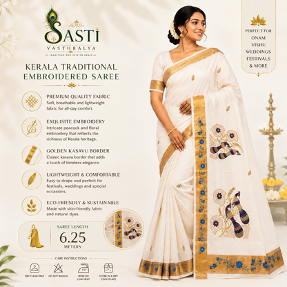 Sasti Vasthralya Off-White Kerala Kasavu Saree with Royal Blue and Maroon Peacock Mural Woven Pallu for Onam