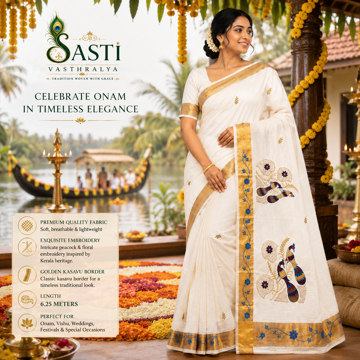 Sasti Vasthralya Off-White Kerala Kasavu Saree with Royal Blue and Maroon Peacock Mural Woven Pallu for Onam