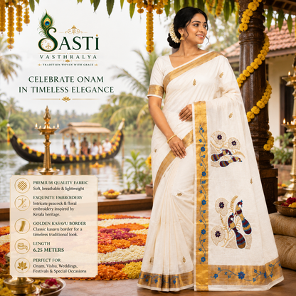 Sasti Vasthralya Off-White Kerala Kasavu Saree with Royal Blue and Maroon Peacock Mural Woven Pallu for Onam