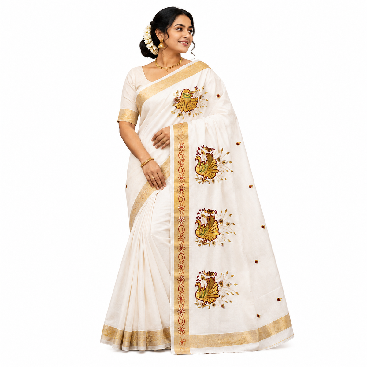Traditional Kerala Kasavu Saree with Chest & Pallu Peacock Embroidery