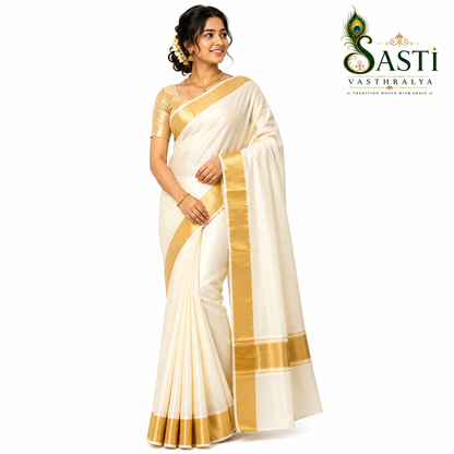 Traditional Plain Kerala Kasavu Saree