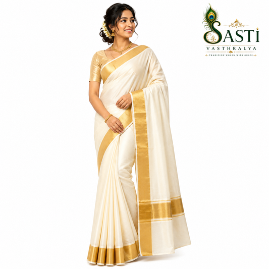 Traditional Plain Kerala Kasavu Saree