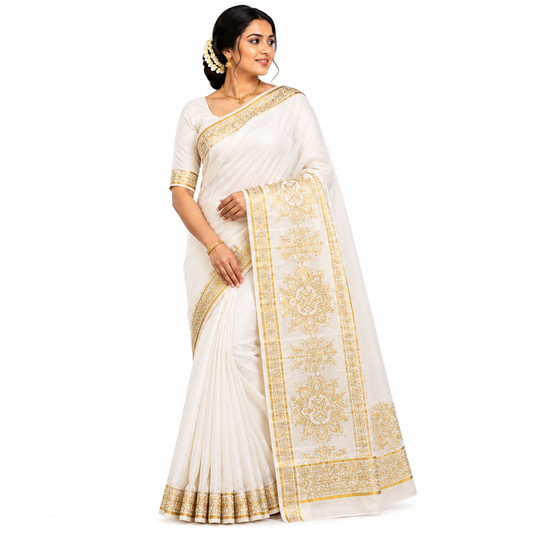 Sasti Vasthralya Premium Off-White Kerala Kasavu Saree with Rich Woven Gold Pallu Work for Onam